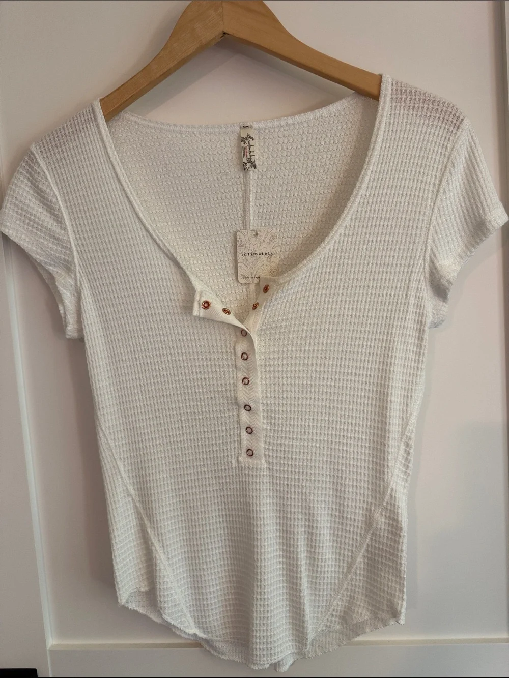 NWT Free People! White Waffle Henley Top with Contrast Buttons